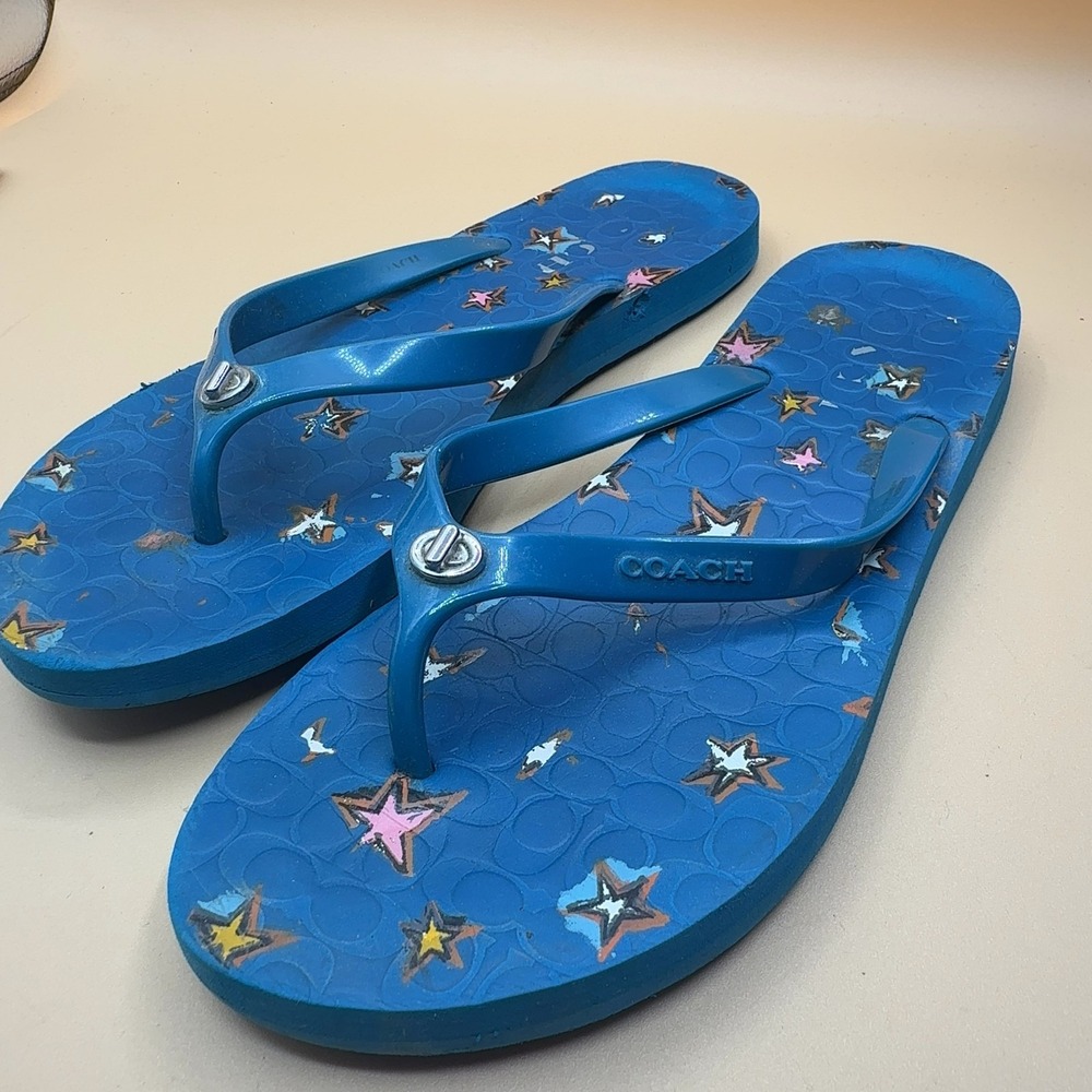 Coach Flip Flop Sandals Blue Signature C Logo Star Prt Rubber Women's Size 9/10